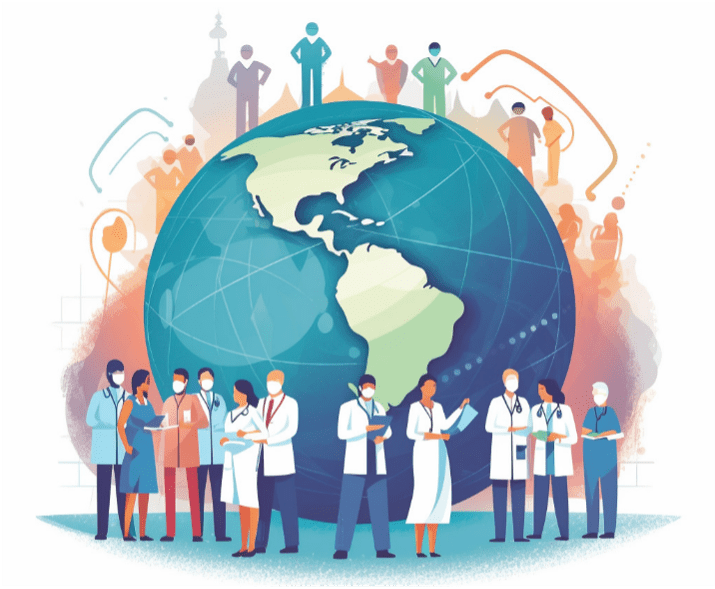 The image depicts a large globe at the center, with the continents of North and South America prominently visible. Surrounding the globe are various healthcare professionals, including doctors and nurses, dressed in medical attire such as lab coats and scrubs. They are engaged in different activities like discussing, writing, and examining medical charts, symbolizing collaboration and teamwork in the medical field. In the background, there are abstract representations of people and healthcare-related icons, such as stethoscopes and heartbeats, indicating a global focus on health and medical care. The overall theme of the image suggests a worldwide effort in healthcare, emphasizing the importance of medical professionals working together to address global health challenges.